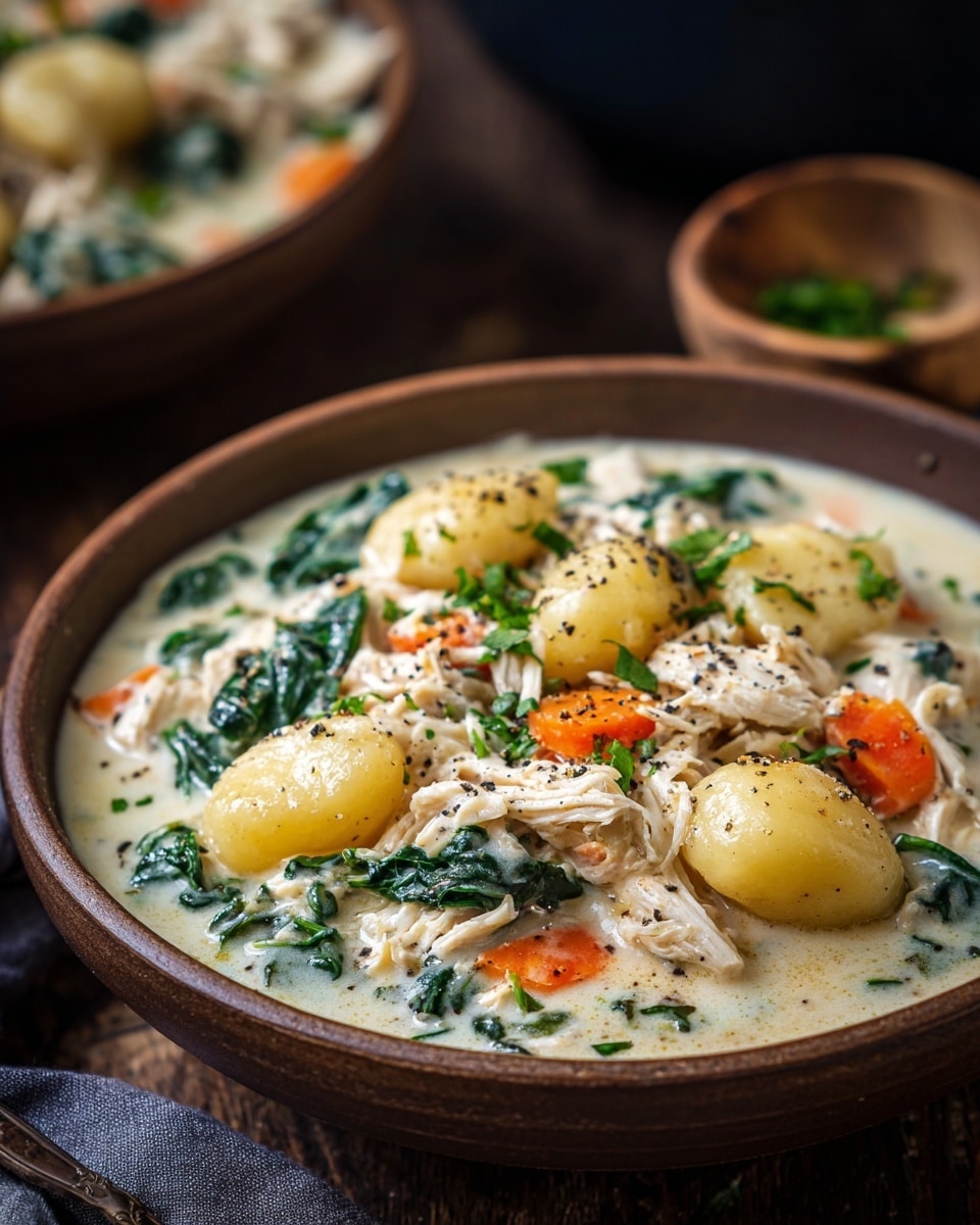A brown bowl filled with a creamy soup that has three main layers: large soft yellow gnocchi floating on top, shredded white chicken mixed with small bright orange carrot pieces and dark green spinach leaves scattered throughout the second layer, all covered in a thick white creamy broth with black pepper and chopped green herbs sprinkled on top, the bowl sits on a dark wooden table with another bowl blurred in the background, photo taken with an iphone --ar 4:5 --v 7