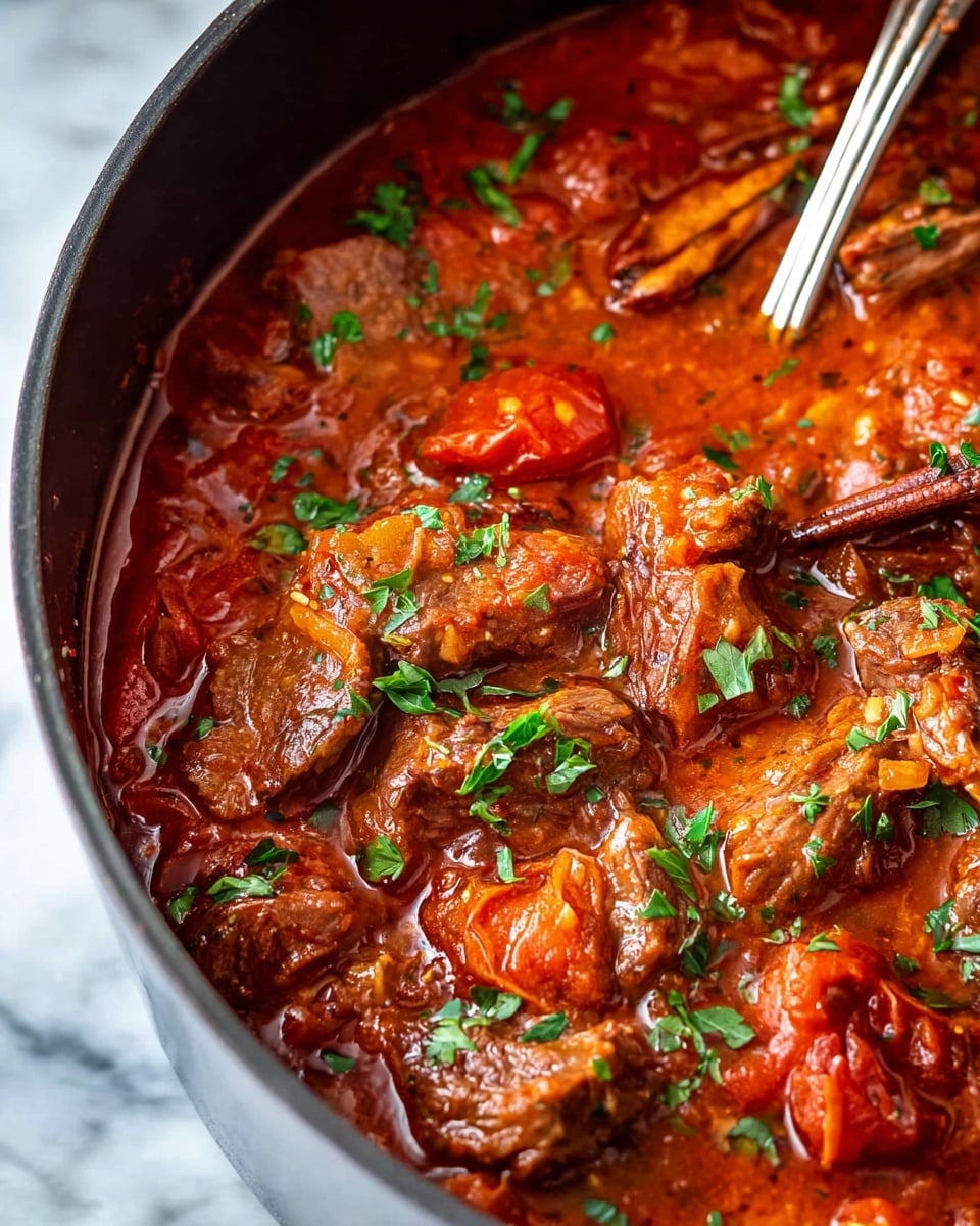 This image shows a close-up of a rich, red-orange stew in a pot, filled with chunks of tender meat and soft tomatoes, all coated in a thick, slightly shiny sauce. Small green herbs are sprinkled on top, adding fresh color, and a cinnamon stick is visible, lying on the stew’s surface. The texture looks hearty and well-cooked, with visible pieces of meat and vegetables mixing in the sauce. The background has a white marbled texture, and a silver spoon is partially seen stirring inside the pot. Photo taken with an iphone --ar 4:5 --v 7