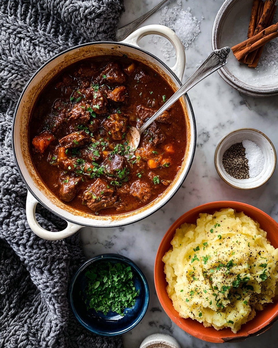 A white pot with two handles holds a rich brown stew filled with chunks of meat and garnished with green herbs, with a silver spoon resting inside. To the right, an orange bowl contains mashed potatoes topped with black pepper and herbs. Around these main dishes, there are small bowls: one white with cinnamon sticks, one silver with black pepper, and one dark blue filled with chopped green herbs. The setting features a white marbled surface and a thick knitted gray fabric is placed on the left side. photo taken with an iphone --ar 4:5 --v 7