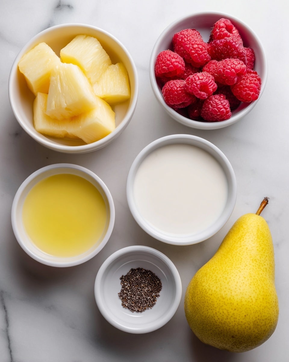 Five small white bowls are arranged on a white marbled surface, each holding a different ingredient. The top left bowl contains four pale yellow pineapple chunks with a soft texture. The top right bowl holds five bright red raspberries with a slightly frosty look. The middle left bowl has light yellow lemon juice with a smooth liquid texture, while the middle right bowl has white milk with a similar smooth texture. The bottom left bowl holds small, dark brown celery seeds scattered loosely. To the right of the bowls, there is a whole yellow pear with a greenish tint and a small brown stem, resting on the white marbled surface. photo taken with an iphone --ar 4:5 --v 7