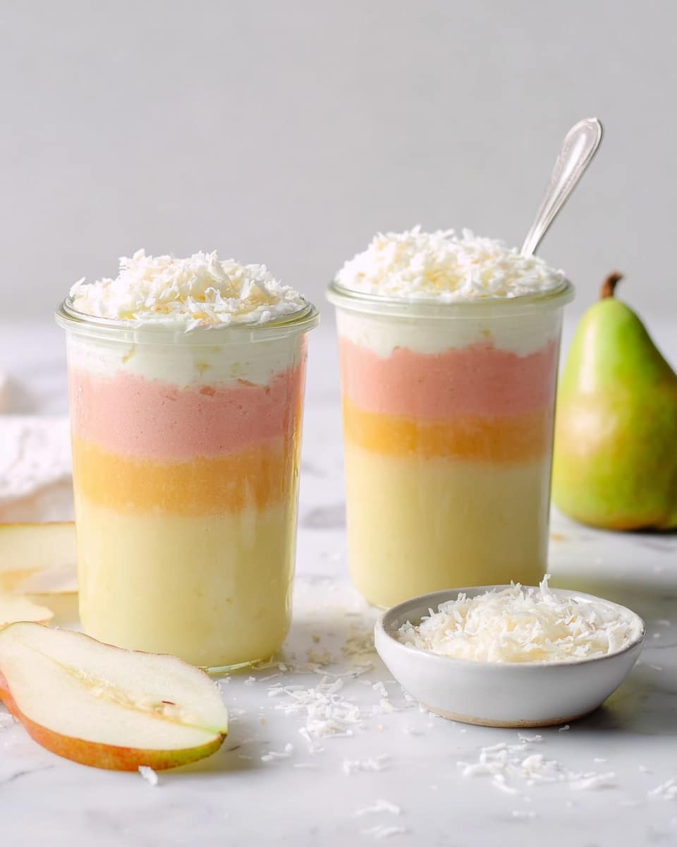 Two clear glass jars filled with three layers of smoothie are shown on a white marbled surface. The bottom layer is pale yellow and creamy, the middle layer is a light pink, and on top is a thin layer of bright orange. Each jar is topped with a thick white layer of foam or cream, sprinkled with white coconut flakes. One jar has a small silver spoon placed inside. To the right of the jars is a small white bowl full of shredded coconut, and to the left is a sliced green pear. Some coconut flakes are scattered around the jars on the white marbled surface. photo taken with an iphone --ar 4:5 --v 7