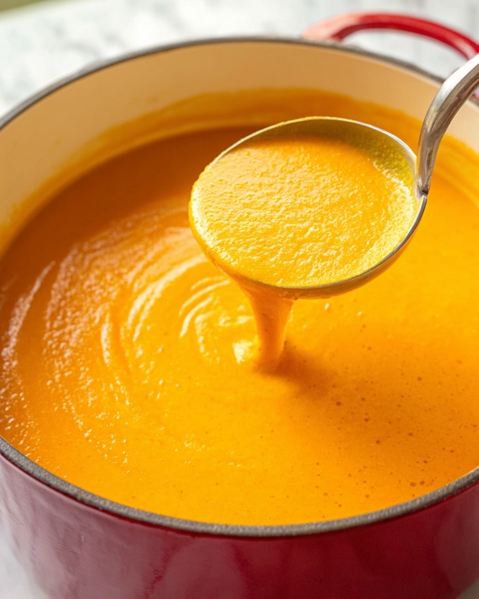 A close-up image of a thick, smooth bright orange soup inside a white pot with a red outer edge. A metal ladle lifts some of the soup, showing its creamy, slightly textured surface. The soup looks warm and rich, with a consistent vibrant orange color filling the pot. The background and surface under the pot have a white marbled texture. Photo taken with an iphone --ar 4:5 --v 7