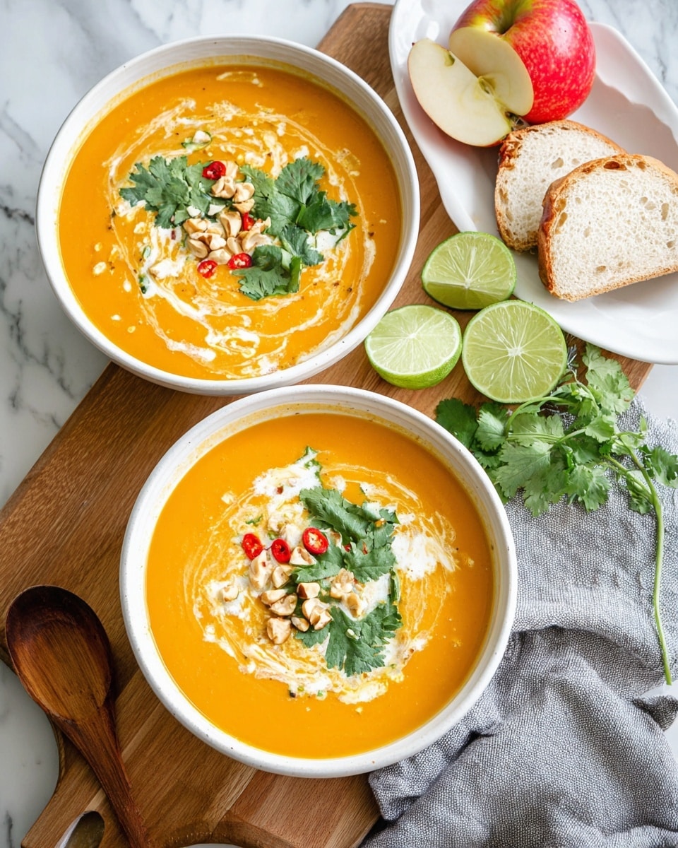 Two white bowls filled with orange creamy soup sit on a wooden board over a white marbled surface. Each bowl has a swirl of white cream on top, sprinkled with chopped nuts, bright green cilantro leaves, and small red chili slices. One bowl has a lime wedge resting on the edge. Nearby, there are three slices of light brown bread on a white dish, half a lime, a red and yellow apple, and a wooden spoon lying on the board. A grey cloth napkin is partially under the board. Photo taken with an iphone --ar 4:5 --v 7
