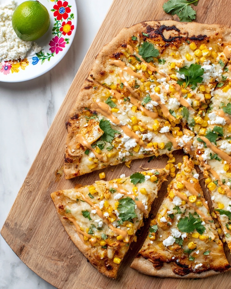 A pizza is shown on a wooden board with six visible slices, each slice topped with melted cheese, yellow corn kernels, green cilantro leaves, and drizzled with a light orange sauce. The crust is thin and lightly browned. Near the pizza, there is a white plate with colorful floral designs holding crumbled white cheese. A quarter lime sits on the wooden board above the pizza slices. The background has a white marbled texture. photo taken with an iphone --ar 4:5 --v 7