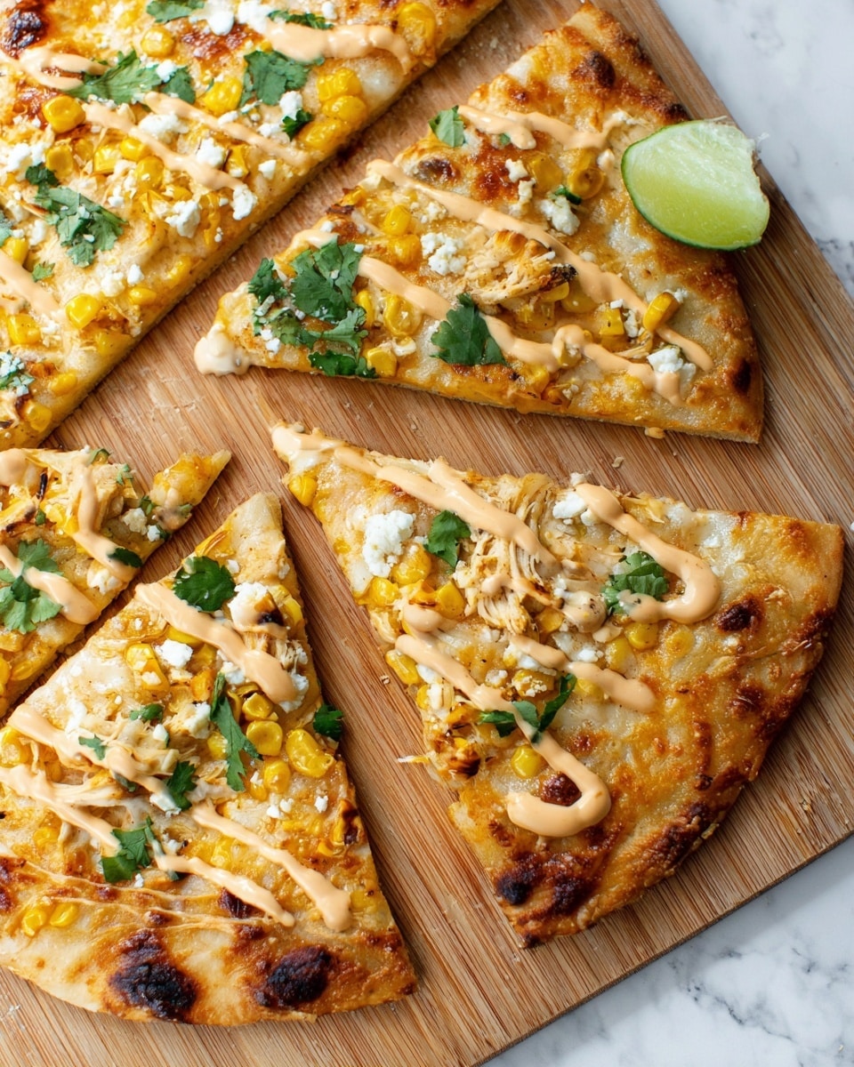 This image shows several slices of thin crust pizza on a wooden board. The pizza has a golden brown thin crust with slightly crispy edges. The first layer is melted cheese, melted evenly across the crust with some browned spots. On top of that are pieces of yellow corn scattered around, along with small green cilantro leaves. There is also shredded chicken and crumbled white cheese sprinkled on the pizza. Drizzled over the top in thin lines is a creamy light orange sauce. A wedge of lime is visible near the upper edge of the image. The background is a white marbled texture. photo taken with an iphone --ar 4:5 --v 7