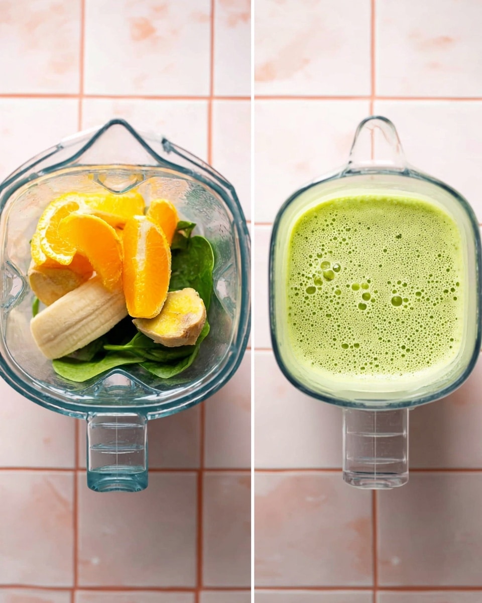 Top view of a clear blender jar on a white marbled surface with light pink tile pattern. The left side shows the blender filled with layers of bright orange orange slices on top, a beige banana piece below, some green leafy spinach at the bottom, and a small yellow ginger piece near the top edge. The right side shows the blender after blending, filled with smooth light green foamy liquid with tiny bubbles on top. Photo taken with an iphone --ar 4:5 --v 7
