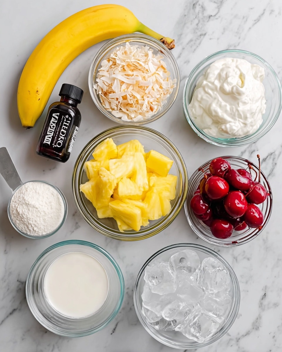 The image shows several clear glass bowls and a white plate arranged on a white marbled surface. One bowl holds bright yellow pineapple chunks in the center, another bowl nearby contains shredded light brown coconut flakes. A third bowl is filled with white Greek yogurt, while a fourth bowl is filled with red maraschino cherries. There is a glass container of white coconut milk and a small white scoop of protein powder placed between the bowls. A whole yellow banana is placed on the left side, and next to it is a small dark bottle of rum-flavoring. A bowl of clear ice cubes appears on the right side. The overall colors are bright and fresh, with a clean layout. photo taken with an iphone --ar 4:5 --v 7