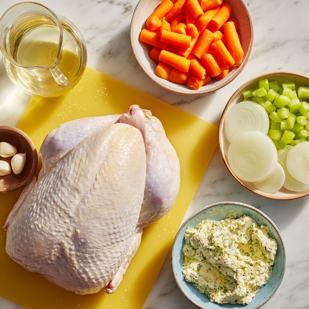 A large bone-in, skin-on turkey breast sits on a yellow cutting board placed on a white marbled surface. To the top right, a small bowl holds several round onion slices in light cream and pale yellow colors. Near the center top, a larger bowl contains chopped celery and carrots with bright orange and light green pieces. To the top left, a small glass pitcher holds a light yellowish liquid, dry white wine. At the bottom left, a small brown bowl has several garlic cloves in white and light tan shades. Just below the bowl with celery and carrots, another bowl filled with herb compound butter shows a creamy, textured mixture with flecks of green and yellow. The scene is bright and clear with natural light, the background white marbled texture adding a clean look photo taken with an iphone --ar 4:5 --v 7