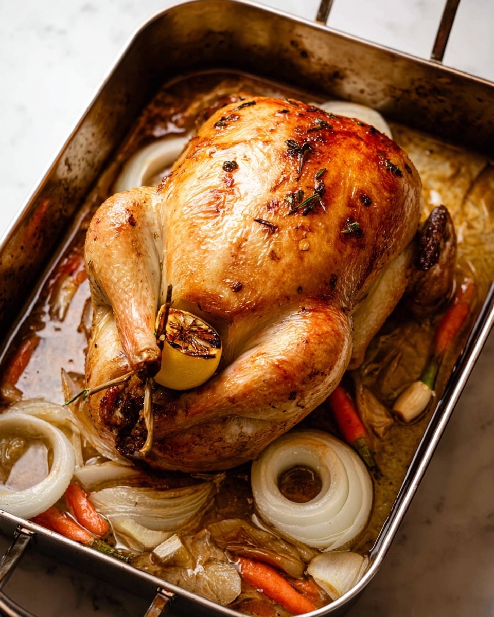 A golden brown roasted whole chicken sits in a metal roasting pan, its skin shiny and slightly crisp with a few dark herb spots visible. Inside the chicken is a halved lemon held by a toothpick. Underneath the chicken in the pan, there are several thick slices of white onions and some orange carrot pieces scattered around, with a few small chunks of garlic adding texture. The pan has a slight golden oily residue with browned bits around the edges, resting on a white marbled surface. Photo taken with an iphone --ar 4:5 --v 7