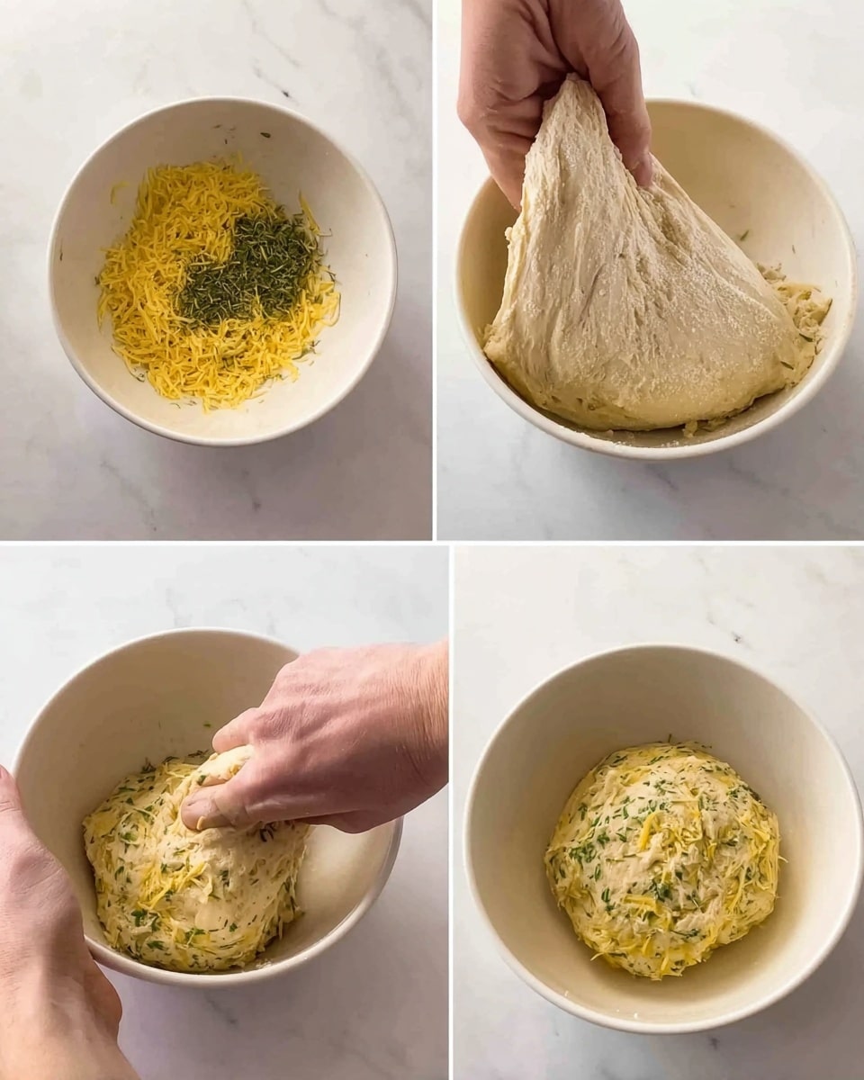 The image shows four steps of mixing dough in a white bowl on a white marbled surface. In the first step, the bowl holds shredded yellow cheese and a sprinkle of green herbs on top. In the second and third steps, a woman's hand dips and pulls a light beige dough that has some flour and green herb specks on its surface, picking it up from the bowl and folding it over the cheese and herb mixture. In the last step, the dough is fully mixed, round, and smooth in the bowl with hints of yellow cheese and green herbs visible on the surface. Photo taken with an iphone --ar 4:5 --v 7