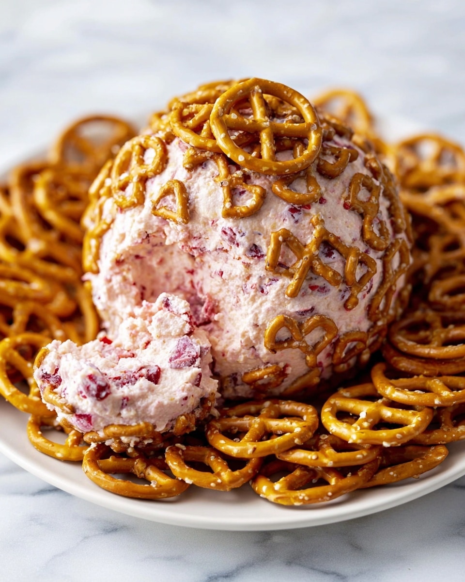 The image shows a round ball of light pink cheese mixed with bits of red fruit, covered on its outer layer with many small golden brown pretzels. The cheese ball is placed on a white plate, surrounded by a layer of larger flat golden brown pretzels scattered around. A small piece of the cheese ball is scooped out and placed on one of the larger pretzels, topped with a few small pretzels. The surface beneath the plate has a white marbled texture. photo taken with an iphone --ar 4:5 --v 7