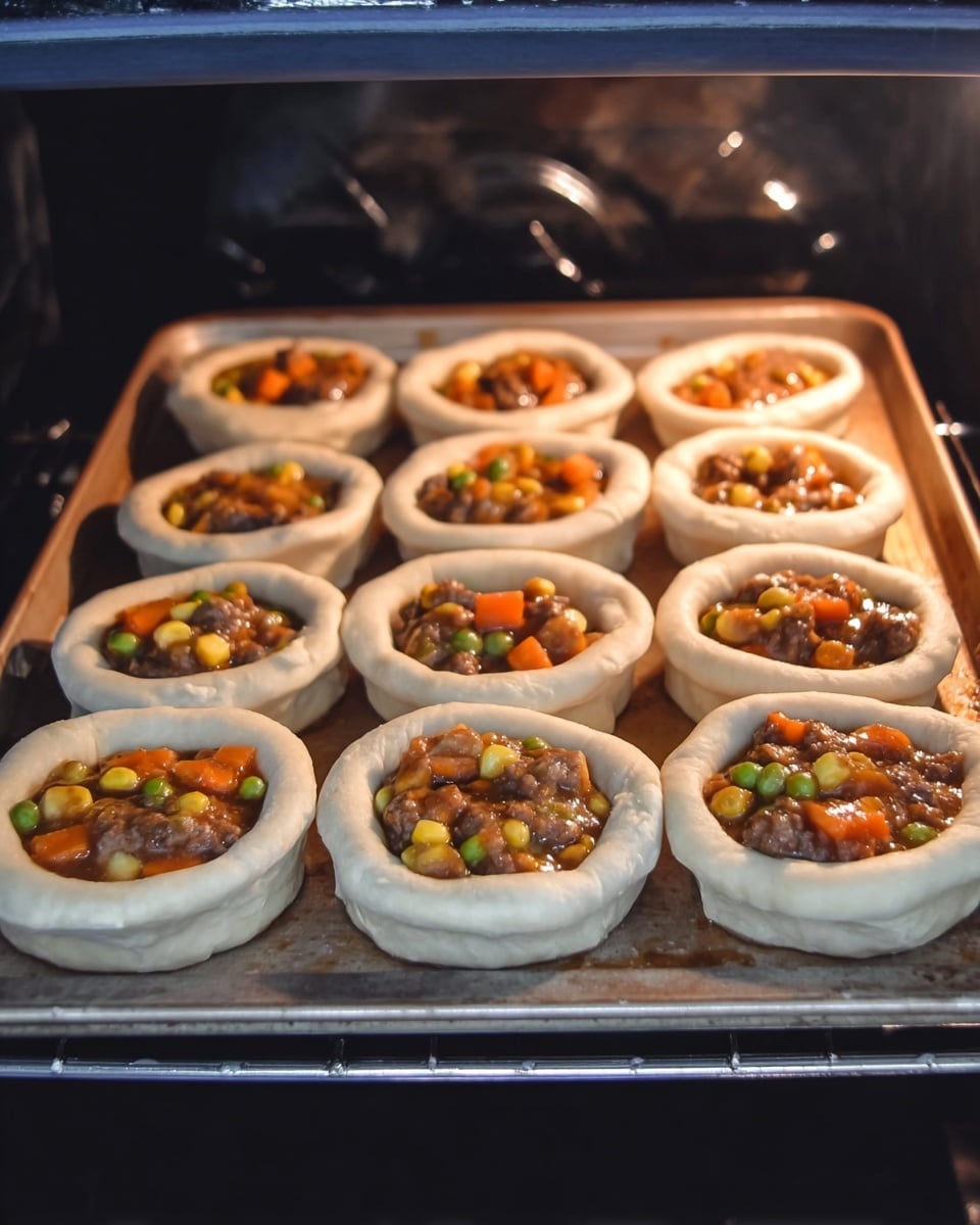 The image shows twelve small round dough cups arranged in a 4x3 grid on a metal baking tray inside an oven. Each dough cup has a thick, light beige outer layer forming a raised rim, holding a filling of mixed vegetables and meat in a glossy brown sauce. The filling has visible pieces of orange carrots, yellow corn, green peas, and small chunks of meat. The dough texture looks soft and slightly shiny, and the tray is set against a dark oven interior with some light reflecting off the metal. The photo is taken through the oven window with a white marbled surface visible behind. Photo taken with an iphone --ar 4:5 --v 7