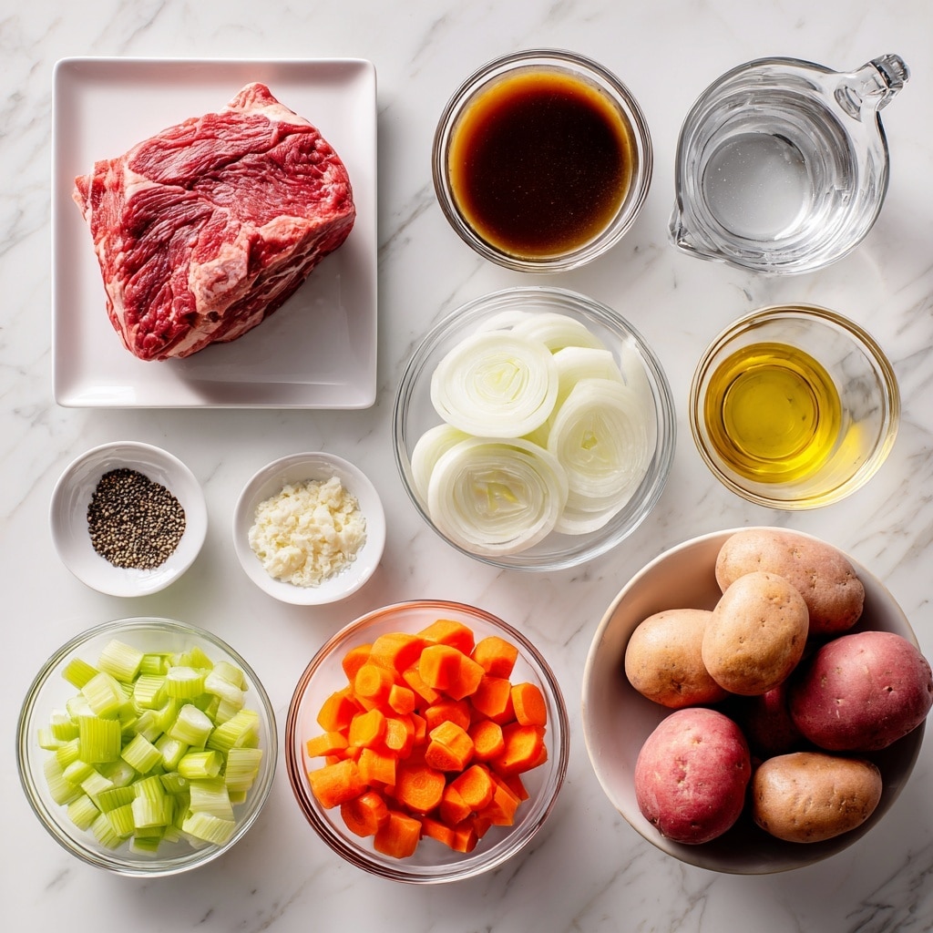 A top-down view of raw ingredients neatly arranged on a white marbled surface, starting with a large red beef chuck roast placed on a white rectangular plate at the top left. To its right, there is a clear measuring cup filled with dark brown condensed French onion soup, and next to it, another clear measuring cup with clear water. Below the soup, a clear round bowl holds thinly sliced white onions, next to it a larger clear bowl contains a pile of smooth red potatoes. Below the beef plate are smaller clear bowls holding bright orange carrot slices, light green celery pieces, and minced pale yellow garlic arranged in a triangle formation. To the left of the vegetables, there are two tiny clear bowls filled with black pepper and white salt, with a small clear cup of golden olive oil below them. Each ingredient is labeled with dark blue tags and white text. photo taken with an iphone --ar 4:5 --v 7