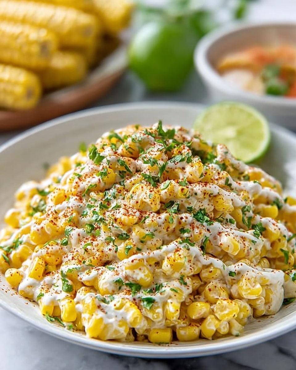 A white plate filled with a mound of bright yellow corn kernels mixed with a creamy white sauce, sprinkled generously with green chopped herbs and a light dusting of red spice powder. A wedge of lime is placed on the edge of the plate, and the dish sits on a white marbled surface. In the background, there is a blurred view of corn cobs and possibly another dish. The texture of the corn is slightly glossy from the sauce, which looks smooth and thick. photo taken with an iphone --ar 4:5 --v 7