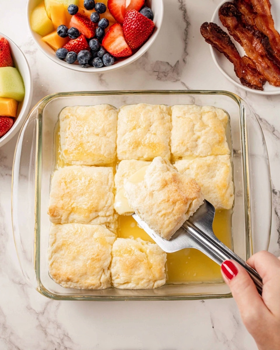 The image shows a clear glass rectangular baking dish with nine square biscuits baked inside, each biscuit having a light golden cream color and a soft, slightly rough texture on top. The biscuits are surrounded by melted butter pooling in the dish, adding a glossy yellow shine around their edges. A woman’s hand with red painted nails holds a metal spatula lifting one biscuit from the bottom right corner, showing how soft and tender they are. In the background on a white marbled surface, there are two white bowls: one filled with fresh fruit pieces including strawberries, cantaloupe, honeydew, and blueberries, and the other bowl contains cooked bacon strips with reddish-brown crispy edges. Photo taken with an iphone --ar 4:5 --v 7