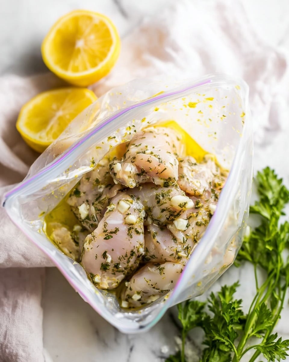 Inside a clear ziplock bag, there are several pieces of raw chicken marinated with herbs and small white garlic pieces, with a light yellow oil coating them. The herbs look green and spread evenly. The bag is held open and viewed from above, sitting on a white marbled surface. Nearby, there are two lemon halves with bright yellow skin and juicy interiors on the left, and fresh green parsley leaves on the right. A soft, white cloth is gently placed behind the bag. Photo taken with an iphone --ar 4:5 --v 7