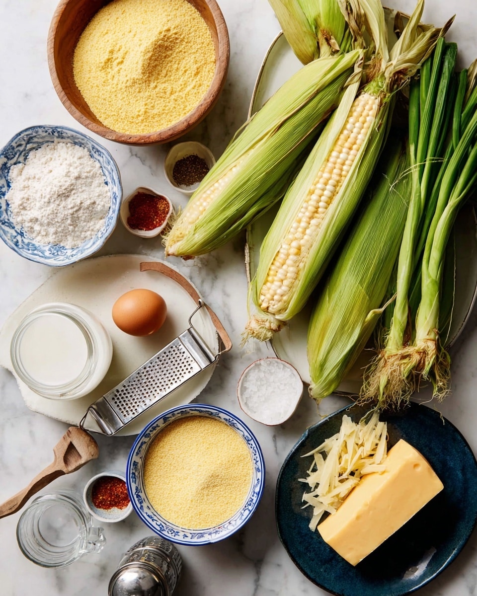 The image shows fresh ingredients neatly arranged on a white marbled surface. There are three ears of corn with green husks partially open, revealing yellow and white kernels. Next to them, there is a bunch of green onions with bright green stalks and white roots. A wooden bowl contains a light yellow powder, placed on a white plate with measuring spoons holding red and light brown spices. A single brown egg sits nearby. A blue bowl holds white flour, and a clear measuring cup contains a white liquid, likely milk. A white bowl with blue patterns contains fine yellow cornmeal with a metal scoop inside. On a dark blue plate, there is a block of yellow cheese with some shredded cheese and a metal grater resting on top. Nearby are a glass bowl filled with coarse salt and a metal pepper grinder. The scene is bright and well-lit, photo taken with an iphone --ar 4:5 --v 7