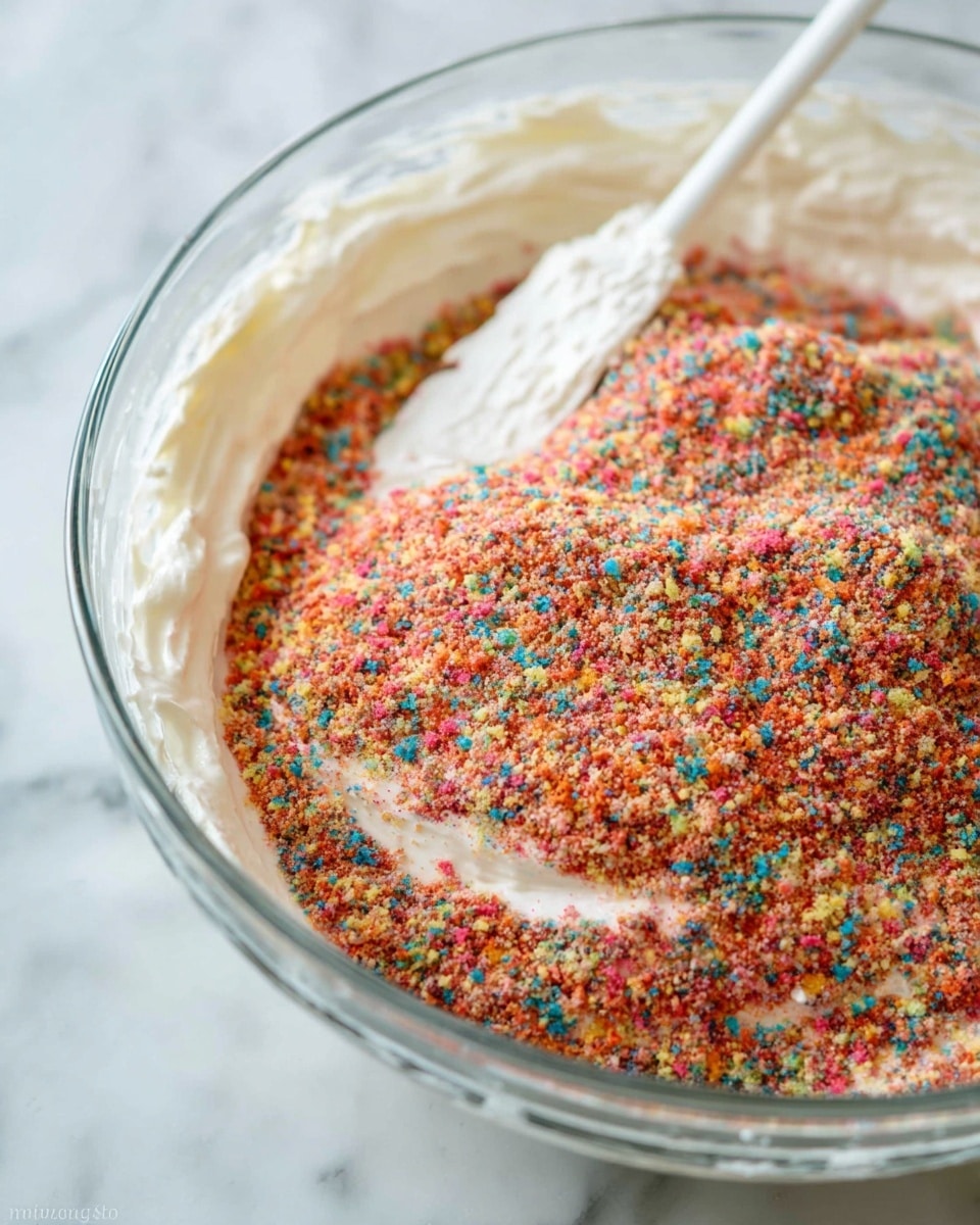 The image shows a single layer of a crumbly, colorful crust pressed inside a round metal cake pan lined with blue parchment paper. The crust is made of small, coarse crumbs with specks of red, yellow, blue, and green mixed in, giving it a speckled appearance. The crust covers the entire bottom and edges of the pan with a slightly uneven texture. The background is a white marbled surface. Photo taken with an iphone --ar 4:5 --v 7