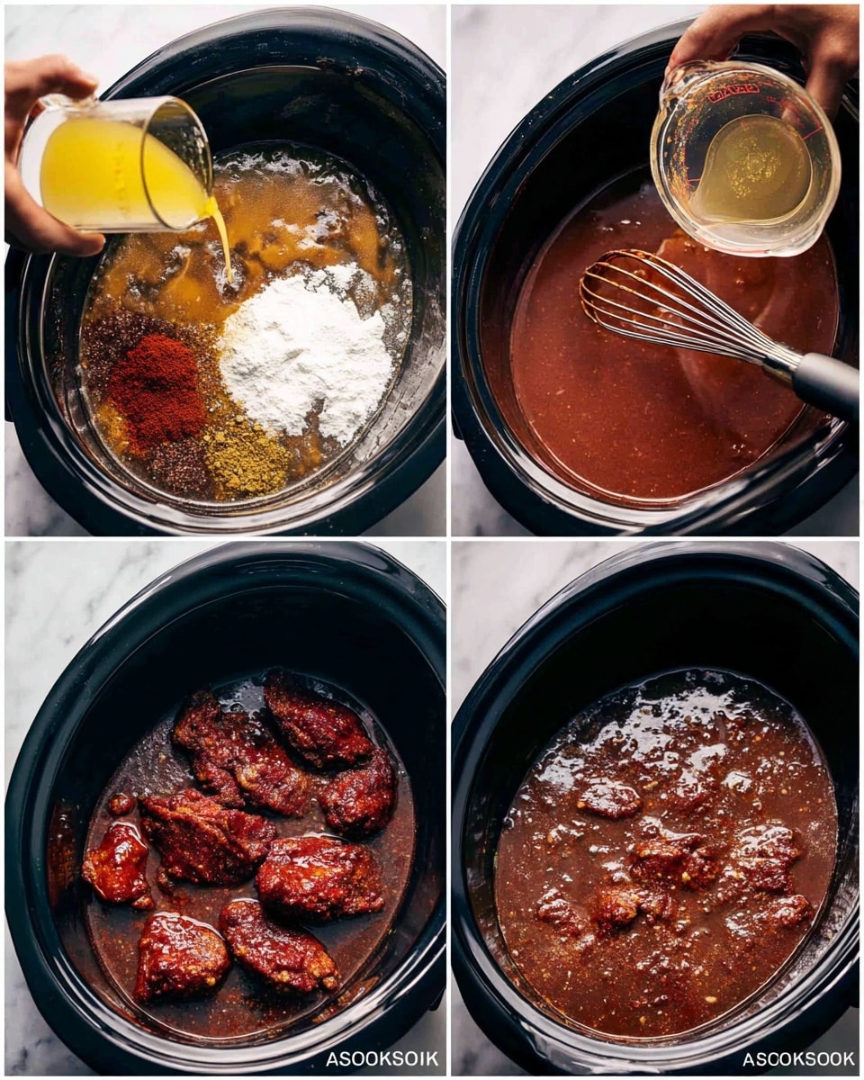 Four images show a step-by-step cooking process inside a black slow cooker. The first image has a layer of melted butter at the bottom mixed with brown, red, and light brown spices, a small mound of white flour, and a pour of yellow liquid from a measuring cup in a woman's hand. The second image shows a smooth, reddish-brown sauce with tiny spices being stirred with a black whisk held by a woman's hand. The third image has raw dark red seasoned chicken pieces placed smooth side down inside the sauce, covering the bottom of the cooker. The fourth image shows the cooked chicken, browned and sitting in a thick, dark reddish sauce with some oil on top. The white marbled surface is faintly visible in the background. Photo taken with an iphone --ar 4:5 --v 7