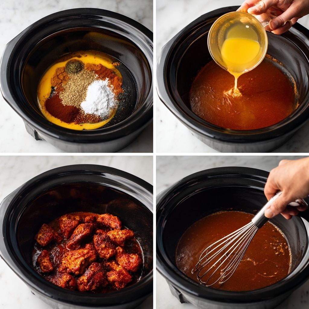 The image shows two parts: on the left, a white bowl filled with several pieces of brown cooked chicken being shredded by a woman's hand holding two forks, with the chicken pieces looking tender and lightly seasoned. On the right, shredded brown chicken is mixed in a dark reddish-brown sauce inside a black pot, with tongs lifting some of the sauce-coated shredded chicken. Both images sit on a white marbled surface. photo taken with an iphone --ar 4:5 --v 7