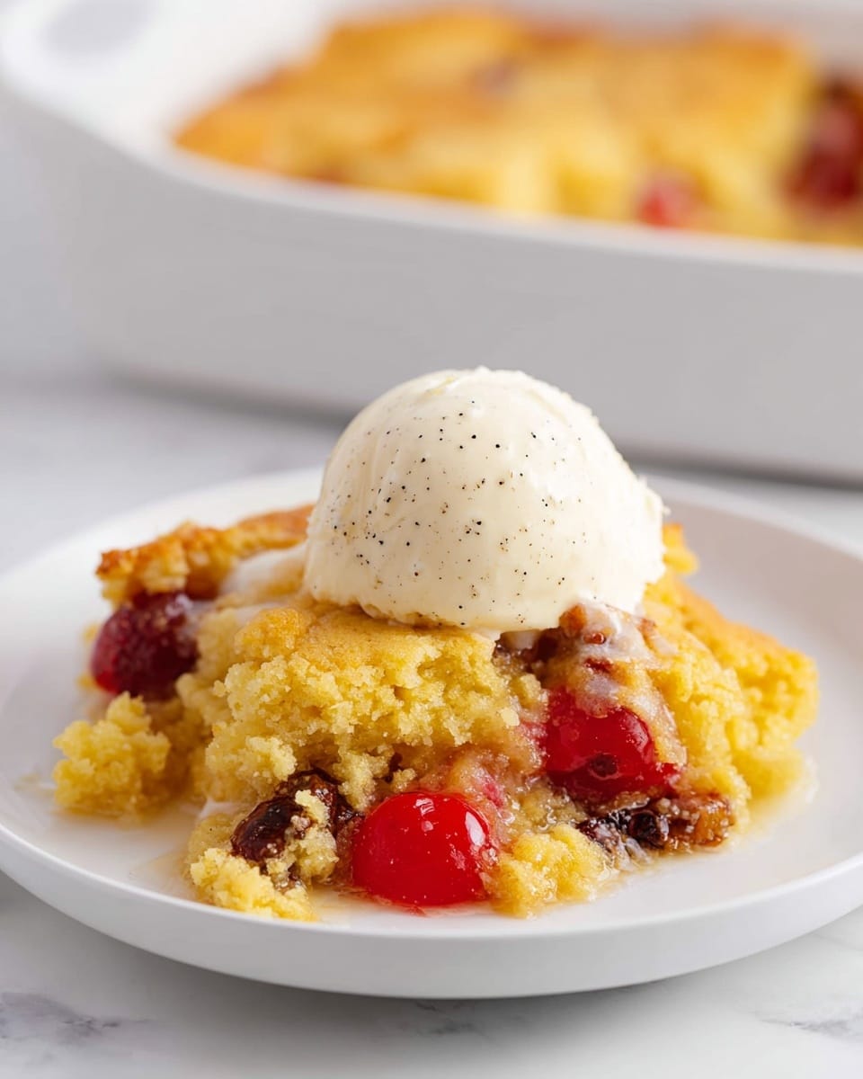 A white plate holds a serving of a crumbly dessert with three main visible layers: the top layer is golden brown and slightly crispy with a rough texture, scattered with bright red cherries that look soft and juicy; beneath that is a moist, pale yellow layer with a smooth texture, blending into a bottom layer that appears darker golden and slightly dense with small chunks mixed in, all sitting on a white marbled surface. photo taken with an iphone --ar 4:5 --v 7