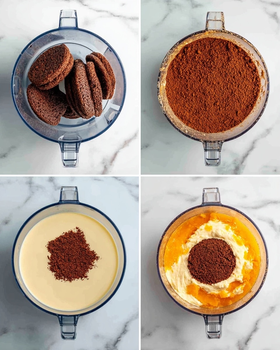 The image shows a set of four steps arranged in a grid on a white marbled surface demonstrating a recipe process. The first step in the top left corner displays whole dark brown biscuits placed inside a clear glass food processor bowl. In the top right corner, the second step shows the same clear bowl now filled with finely crushed biscuit crumbs, forming a smooth, flat, dark brown layer. The third step in the bottom left corner has the clear bowl containing two visible layers: a light cream-colored layer of condensed milk covering most of the bowl with a smaller round patch of dark brown biscuit crumbs on one side. The fourth step in the bottom right corner reveals the same bowl with three different layers: the light cream condensed milk, the dark brown biscuits crumbs, and a shiny orange juice and zest layer poured unevenly on top mainly on one side. Photo taken with an iphone --ar 4:5 --v 7