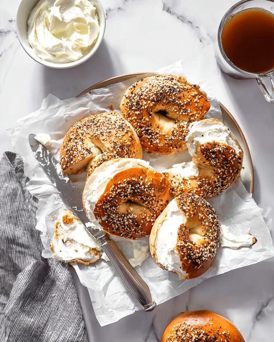 The image shows five pieces of a sliced bagel with a golden brown crust covered in sesame and poppy seeds, each piece spread with a thick layer of white cream cheese. The bagel halves are arranged on a white parchment paper that lines a round plate, placed on a white marbled surface. A silver knife with some cream cheese on its blade lies near the bagel slices. To the top left, a white bowl filled with cream cheese is partially visible, and on the right side, there is a glass cup of brown coffee. A striped gray and white cloth is seen at the bottom left corner, and a whole bagel with cream cheese in the center is at the bottom right. The scene is lit with natural light highlighting the textures of the bagels and cream cheese. Photo taken with an iphone --ar 4:5 --v 7