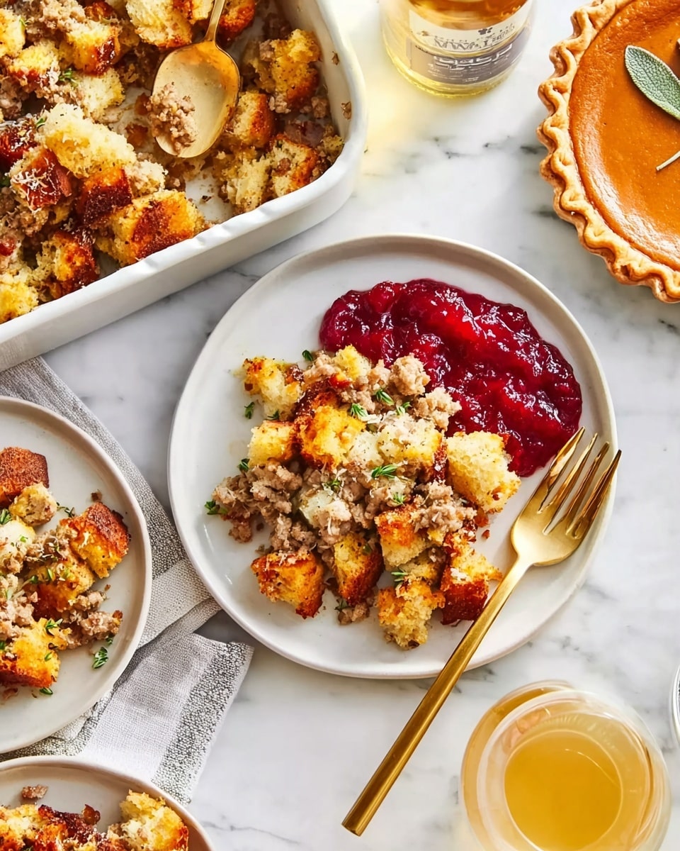 The image shows a white plate filled with a layered dish of golden brown toasted bread cubes mixed with ground sausage and herbs, creating a rough, crumbly texture. On the side of the plate is a bright red dollop of thick cranberry sauce, adding a smooth, glossy contrast. A gold fork rests on the plate, and the dish is placed on a white marbled surface. Nearby, a white baking dish holds more of the bread and sausage mixture with a gold spoon inside, and a white plate with a similar portion sits close by. In the upper right corner, a pumpkin pie with a cut slice is visible, along with a glass of light yellow liquid and a partially shown bottle. The overall setting is bright and clean. photo taken with an iphone --ar 4:5 --v 7