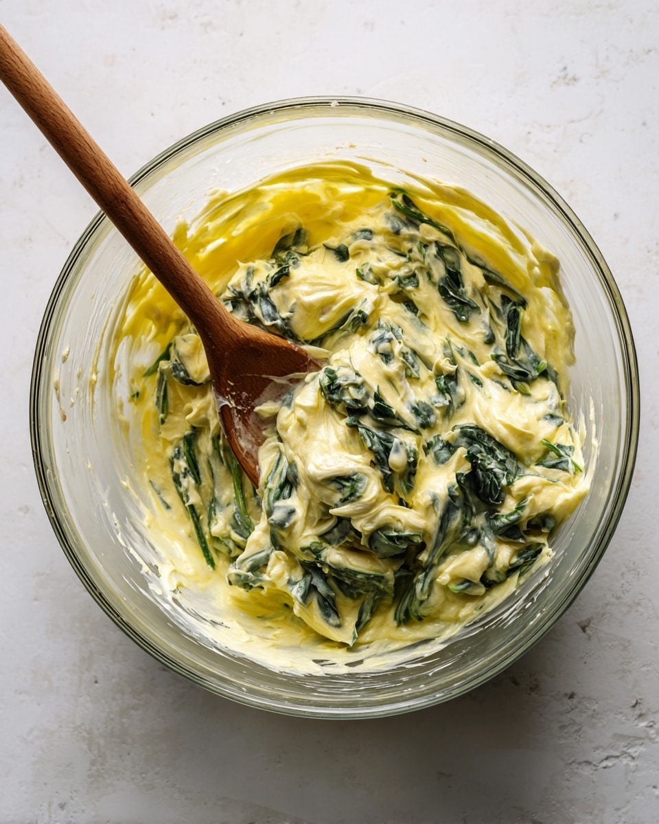 A clear glass bowl sits on a white marbled surface holding a thick mixture with two layers of color and texture: the base layer is creamy yellow with small white bits, mixed throughout with dark green leafy pieces that add a rough texture. A wooden spoon rests inside the bowl, partly covered by the mixture, positioned diagonally from the bottom right to the upper left of the bowl. The mixture looks well stirred with chunks and uneven patches of green and creamy yellow visible. photo taken with an iphone --ar 4:5 --v 7