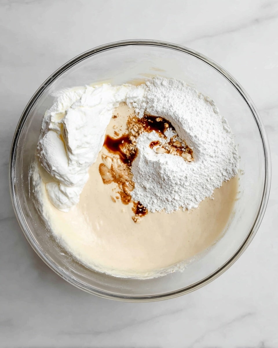 The image shows a tall, round cake with three visible layers covered in a thin, white frosting that is spread unevenly, allowing the light brown color of the cake beneath to show through in places. The texture of the frosting is slightly rough and rustic, giving the cake a homemade look. The cake sits on a clear glass stand placed on a surface with a white marbled texture. The background is soft and light, with hints of green leaves blurred in the distance. photo taken with an iphone --ar 4:5 --v 7