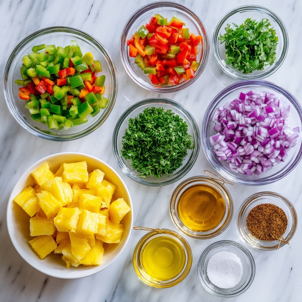 A white bowl filled with bright yellow chopped pineapple sits at the bottom of the image on a white marbled surface. Above it, a clear glass bowl contains chopped green and red peppers side by side, showing contrasting bright green and red colors. To the right, another clear glass bowl holds small pieces of purple and white diced red onion. In the center top, a clear glass bowl is filled with chopped dark green cilantro. Around these, there are smaller clear glass bowls with different liquids and powders: golden honey, yellow olive oil, pale lime juice, and a mix of brown cumin and white salt. Each bowl is neatly placed on the white marbled surface with clear string labels in bold black and white font naming each ingredient photo taken with an iphone --ar 4:5 --v 7