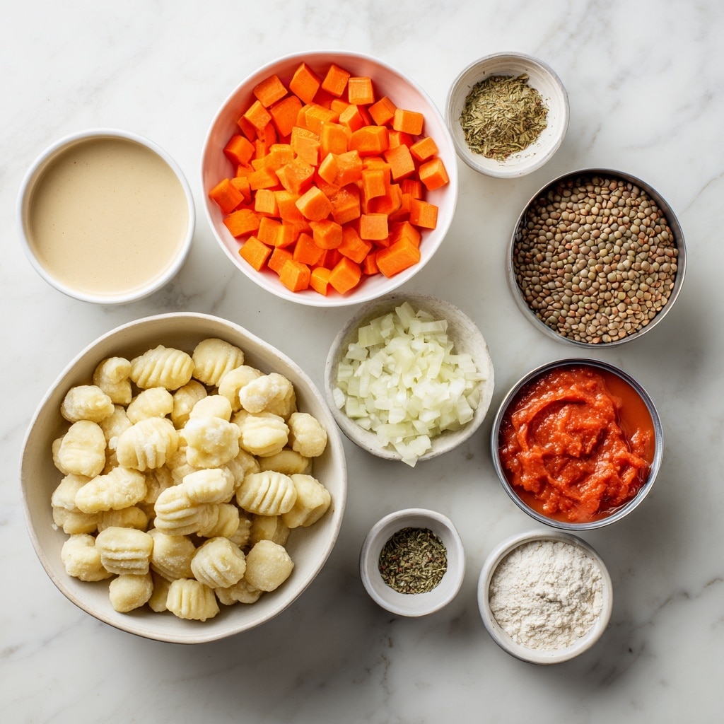 The image shows several bowls and containers arranged on a white marbled surface, each filled with different cooking ingredients. There is a large white bowl in the bottom left filled with pale yellow gnocchi pieces that have ridges. Above it, there is a white bowl full of small, bright orange diced carrots. To the right of the carrots, a bowl holds finely chopped white onions mixed with small bits of minced garlic on top. Near the center right, a small metal cup is filled with brown lentils, and next to it there is an open can showing red crushed tomatoes with a smooth texture. Below these items, a white cup contains a creamy beige dairy-free milk. Next to the cup, a small white bowl is filled with a white powdery flour, and nearby, another small bowl holds dried herbs and spices in a mix of green and brown colors. Photo taken with an iphone --ar 4:5 --v 7
