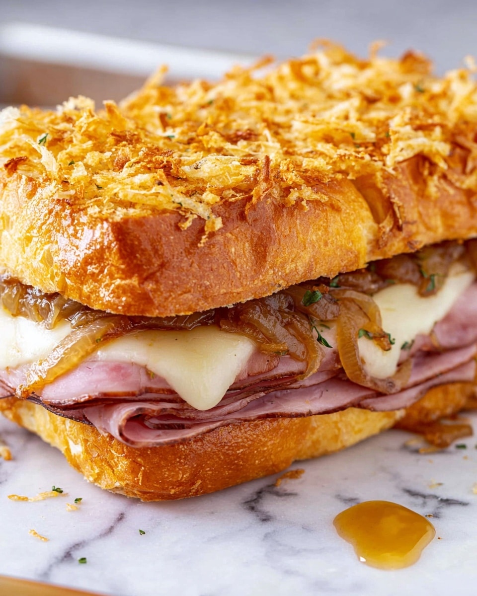 The image shows a sandwich with a shiny golden brown top layer of bread sprinkled with crispy toasted bits, giving it a textured look. Below the bread, there is a layer of caramelized onions that appear soft and slightly shiny with bits of herbs mixed in. Under the onions, there is a thick slice of melted cheese that is creamy white with some parts oozing out. Below the cheese, there are two layers of dark pink ham stacked neatly. The sandwich is resting on a white marbled surface, with a small drop of golden liquid near the bottom right. photo taken with an iphone --ar 4:5 --v 7