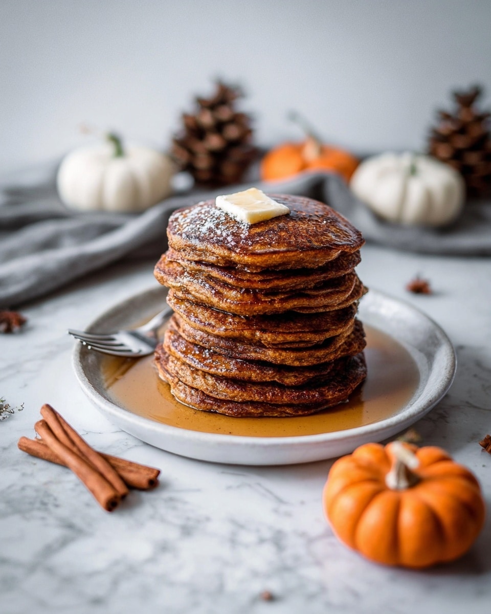 A stack of five thick, brown pancakes sits on a white plate, with syrup pooling around the base. The top pancake has a dollop of melting white butter. A section is cut out, showing the soft, textured inside, and a fork rests on the plate holding several pancake slices dipped in syrup. The background has a white marbled texture with small orange pumpkins and brown pinecones placed around, adding a cozy, autumn feel. Photo taken with an iphone --ar 4:5 --v 7