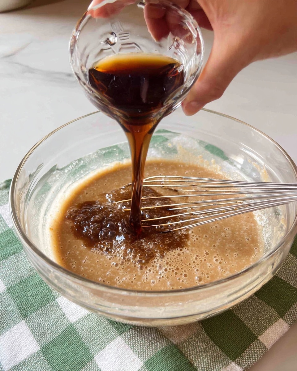 A clear glass bowl holds light brown batter with a slightly bubbly texture, and a shiny metal whisk is resting inside the bowl. A woman's hand is holding a small clear glass cup, pouring a dark brown liquid into the batter, creating a contrast between the two colors. The bowl is placed on a green and white checkered cloth over a white marbled surface. Photo taken with an iphone --ar 4:5 --v 7