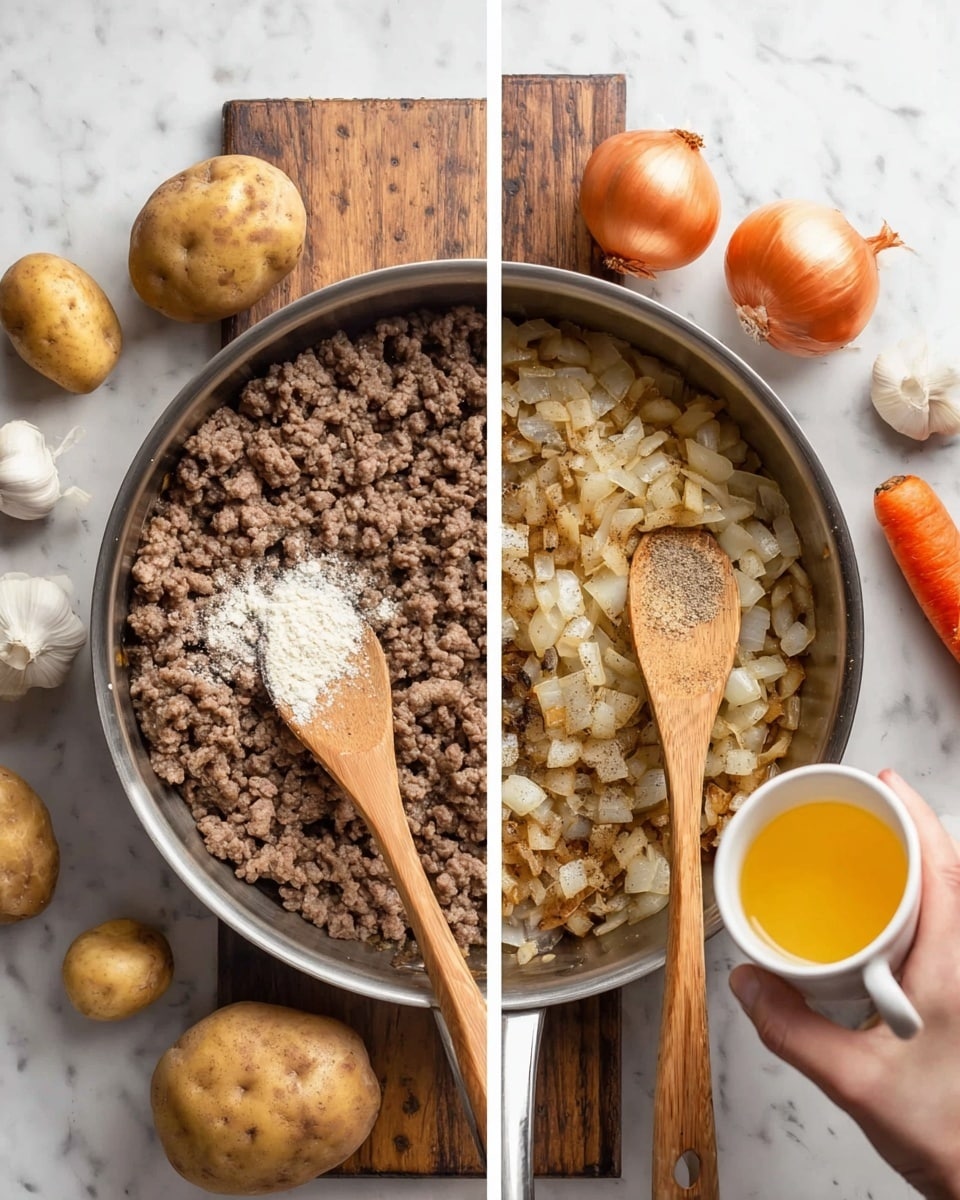 The image shows two side-by-side views of a silver pan filled with cooked ground meat mixed with translucent onion pieces. On the left side, a wooden spoon is resting on the meat, and a white powdery substance is added to one side of the meat layer. On the right side, the same wooden spoon is on the meat, now sprinkled with light brown, beige, and off-white seasonings on one side, while a woman's hand holds a small white cup with a golden yellow liquid, about to pour it into the pan. Around the pan on the white marbled surface are two whole potatoes, a garlic bulb, two onions, and one carrot. Photo taken with an iphone --ar 4:5 --v 7
