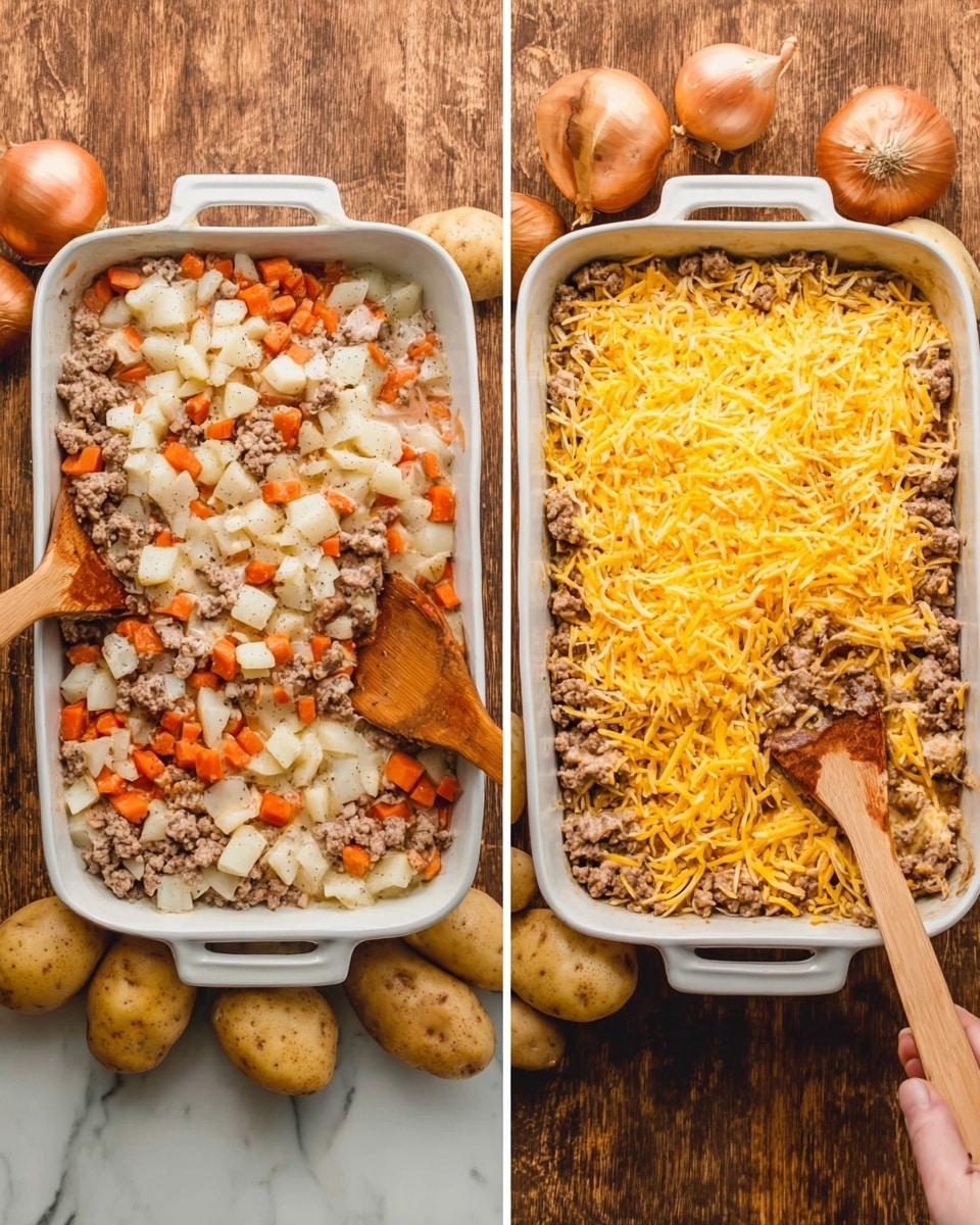 The image shows two white rectangular baking dishes side by side on a wooden surface with potatoes, carrots, onion, and garlic around them. The left dish has a mixture of ground meat, diced white and orange vegetables, all mixed together with a creamy sauce, visible as the woman's hand with a wooden spoon stirs it. The right dish has the same meat and vegetable mix but covered with a thick layer of shredded yellow cheese spread evenly on top. The whole scene sits on a white marbled texture. photo taken with an iphone --ar 4:5 --v 7
