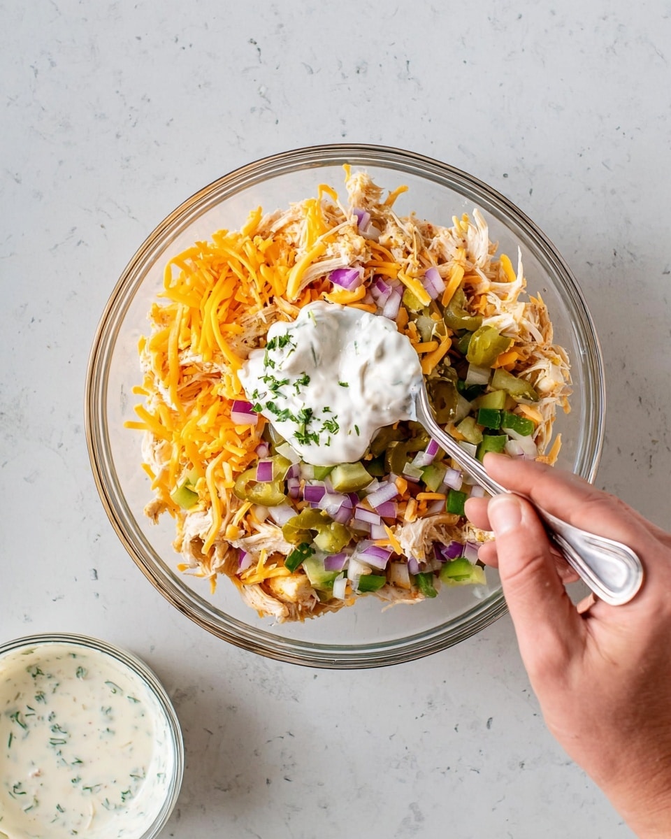 A clear glass bowl sits on a white marbled surface, filled with layers of shredded light tan chicken at the bottom, topped with bright orange shredded cheese, small pieces of diced purple onion, chopped green peppers, and light green pickle slices scattered on top. A woman's hand holds a silver spoon, adding a dollop of white creamy sauce with green herbs on top of the colorful mixture. Below the bowl, a smaller clear glass container holds more white sauce with herbs. Photo taken with an iphone --ar 4:5 --v 7