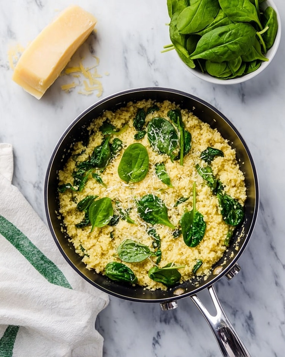 A black pan with a silver handle sits on a white marbled surface. Inside the pan, there is a yellow grain dish mixed evenly with bright green spinach leaves scattered on top. Next to the pan is a small white bowl filled with fresh spinach leaves, a block of light yellow cheese, and a white cloth with green stripes. The scene is bright and clean, with natural lighting highlighting the textures of the grains and spinach. photo taken with an iphone --ar 4:5 --v 7