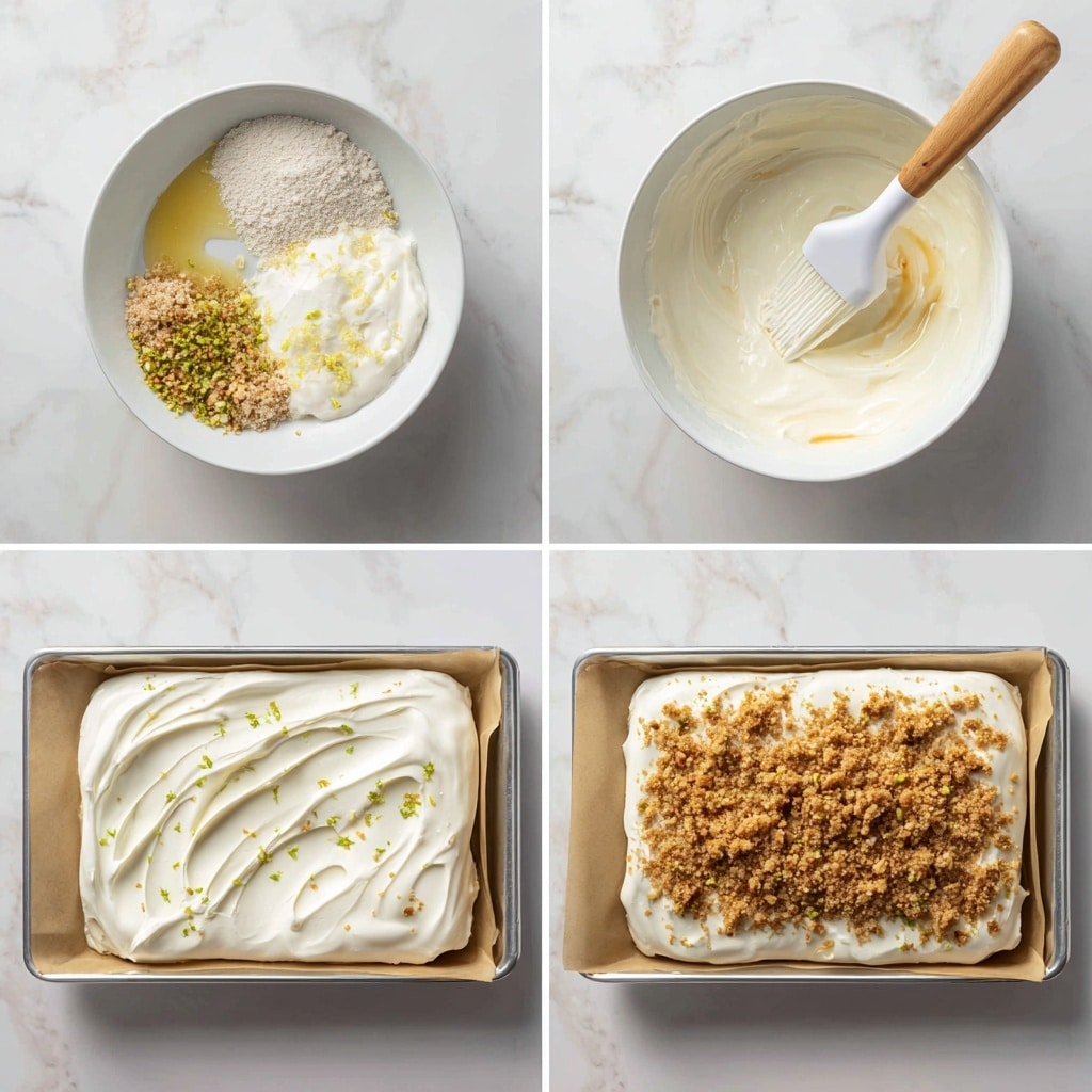 The image shows four steps of making a dessert or cream spread. In step one, a white bowl holds layers of ingredients: white yogurt or cream, beige flour or powder, a small amount of light green zest, and a yellowish syrup, all unmixed. Step two shows a smooth, thick, creamy white mixture with small green flecks being stirred with a white spatula that has a wooden handle inside the same bowl. In step three, the creamy mixture is spread out evenly as a thick white layer on a rectangular tray lined with parchment paper, showing slight swirls on the surface. Step four displays the creamy layer topped with a generous amount of crushed, light brown crumbs sprinkled evenly and scattered with tiny green herb bits. The tray rests on a white marbled surface. Photo taken with an iphone --ar 4:5 --v 7