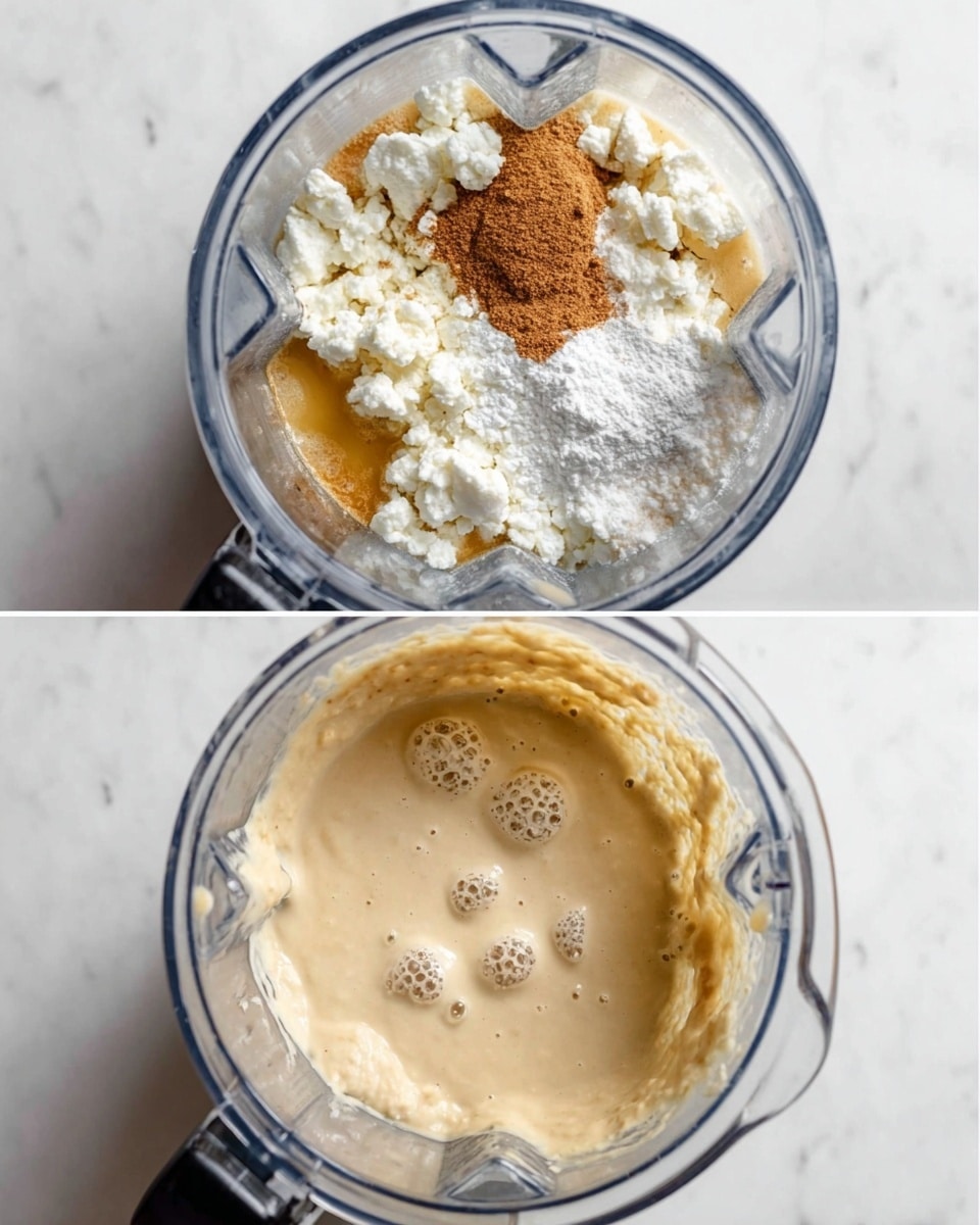 The first image shows a top-down view of a blender filled with different ingredients layered together: small white curds or cottage cheese spread unevenly across the base, topped with a dusting of white powder likely flour, a light brown powder such as cinnamon on one side, a small portion of a yellowish liquid or paste, and a darker liquid around the center. The second image shows the blender filled with a smooth, creamy pale beige batter with a few small bubbles, viewed from above. Both images have a white marbled surface beneath the blender photo taken with an iphone --ar 4:5 --v 7