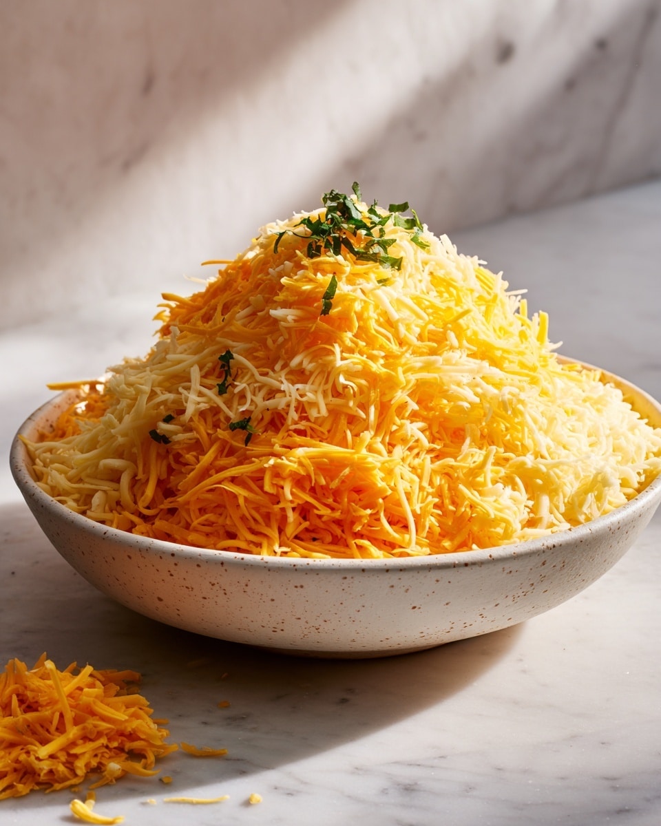 A large white bowl with yellow speckles holds a mound of shredded cheese in two colors: bright orange and pale yellow. The cheese is finely shredded and fills the bowl almost to the top, creating a textured and fluffy pile. In the center, there is a small amount of finely chopped green herbs on top, adding contrast to the yellow and orange cheese. The bowl sits on a white marbled surface with soft, natural light falling from the side, casting mild shadows. A small piece of shredded cheese is on the surface outside the bowl. Photo taken with an iphone --ar 4:5 --v 7