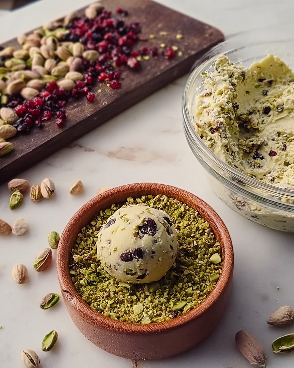 The image shows a small round bowl filled with crushed green pistachios, creating a rough textured base layer. On top of this base sits a small, round dough ball with a creamy color and dark berry-like spots, placed near the center. Nearby, a clear glass bowl contains creamy dough mixed with dark bits, visible through the bowl's sides. In the background, a dark wooden board holds a mix of whole pistachios and bright red berries scattered on a white marbled surface. Some whole pistachios lie scattered around the bowl and board. Photo taken with an iphone --ar 4:5 --v 7