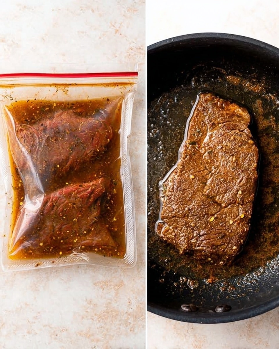 The image shows two side-by-side photos: on the left, a clear resealable plastic bag filled with a reddish-brown marinade and two slices of raw meat soaking inside; on the right, a single browned, well-seasoned steak cooking in a black pan, with small bits of seasoning visible on the pan surface and slight steam rising. Both images have a white marbled surface beneath them. photo taken with an iphone --ar 4:5 --v 7