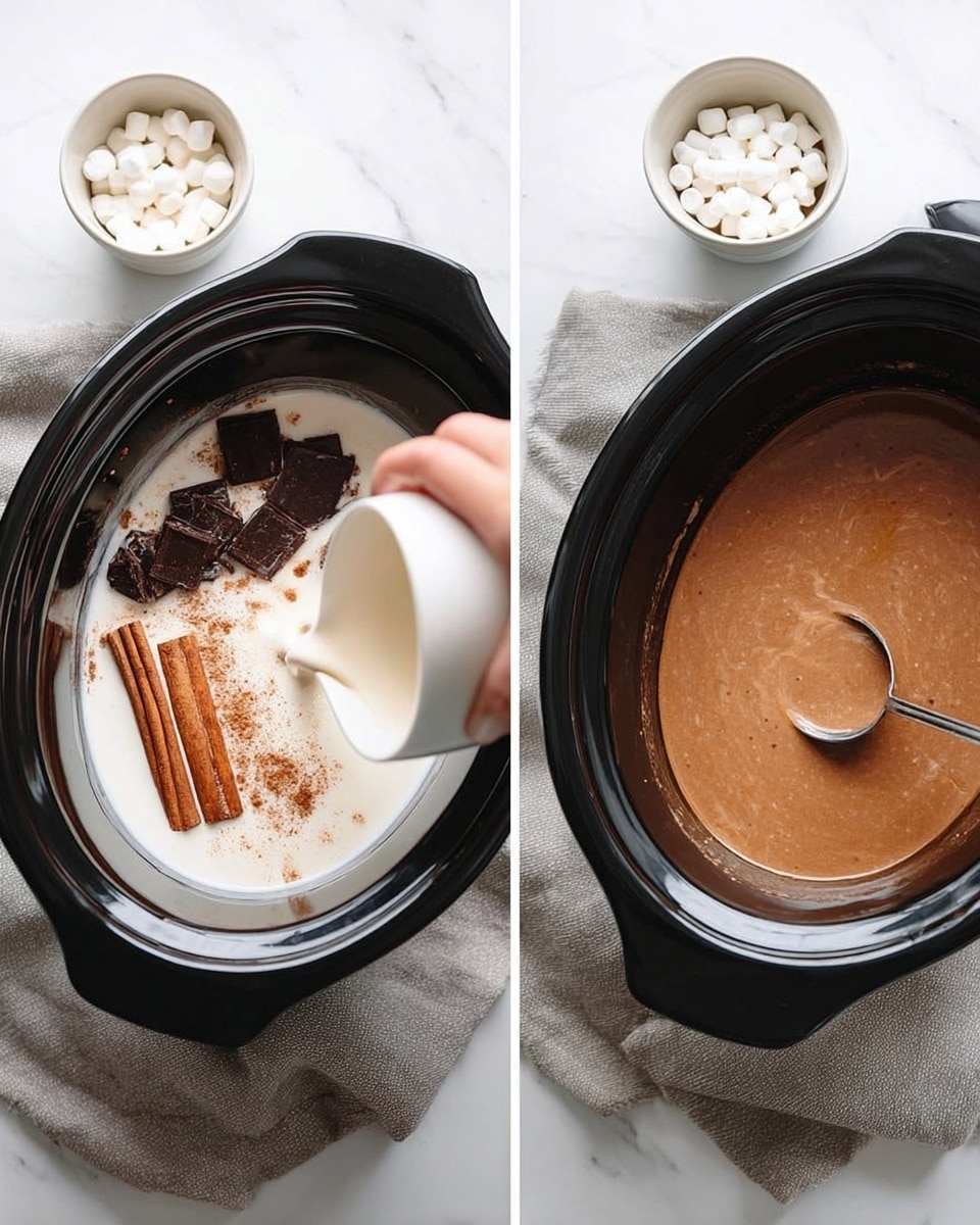The image shows two photos side by side on a white marbled surface with a gray cloth beneath a large black slow cooker. In the left photo, a woman's hand is pouring cream into the slow cooker which contains dark chocolate squares, cinnamon sticks, and a dusting of cinnamon powder, all resting on a white liquid. In the right photo, the ingredients are mixed into a smooth, light brown chocolate liquid inside the slow cooker, with a spoon placed inside. Nearby is a small white bowl filled with tiny white marshmallows. Photo taken with an iphone --ar 4:5 --v 7