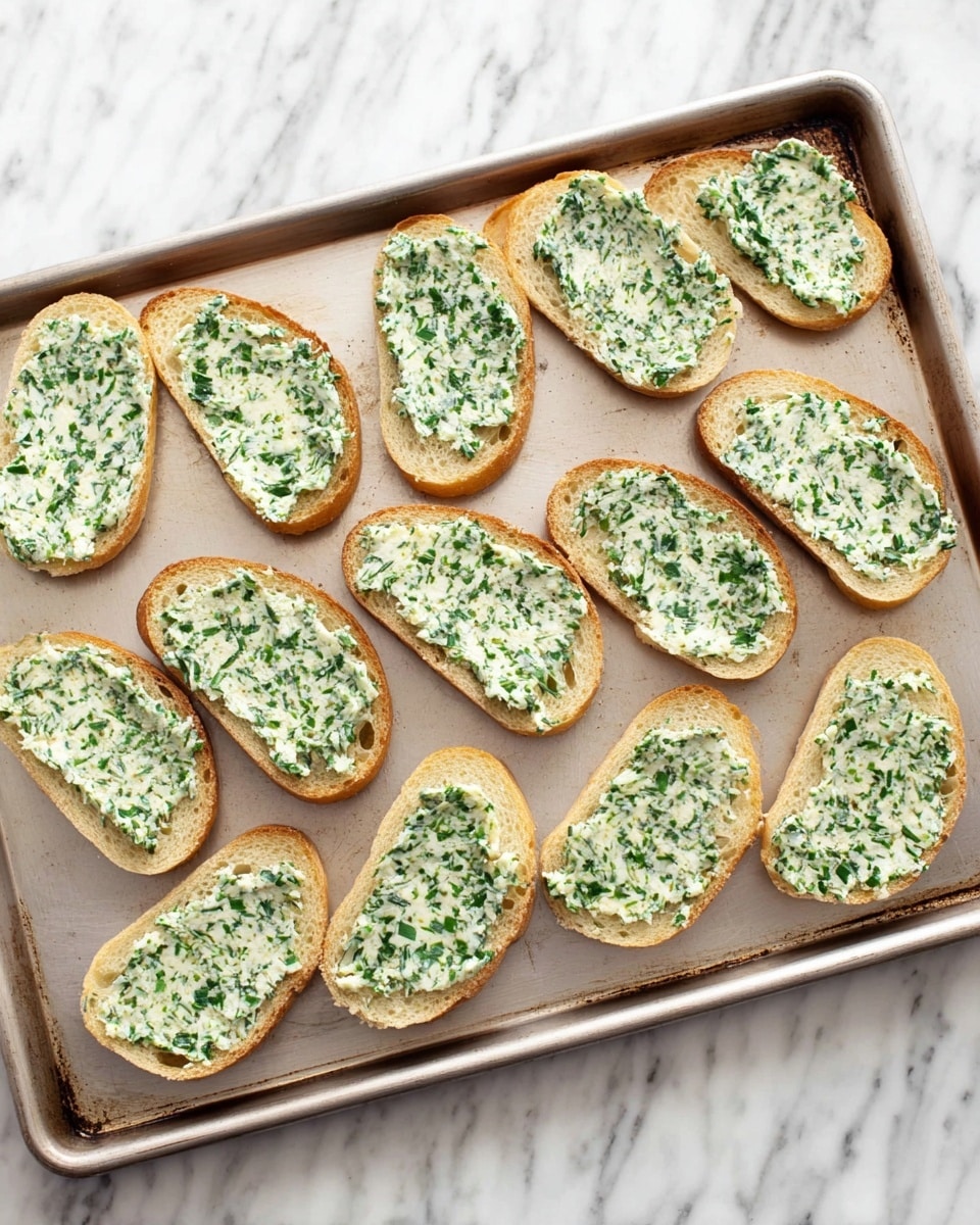 There is a baking tray placed on a white marbled surface, holding twelve slices of bread. Each bread slice is covered with a spread made of white butter mixed with finely chopped green herbs, giving it a speckled green and white look. The bread slices are spread out neatly in rows, showing the smooth texture of the herb butter on top. photo taken with an iphone --ar 4:5 --v 7