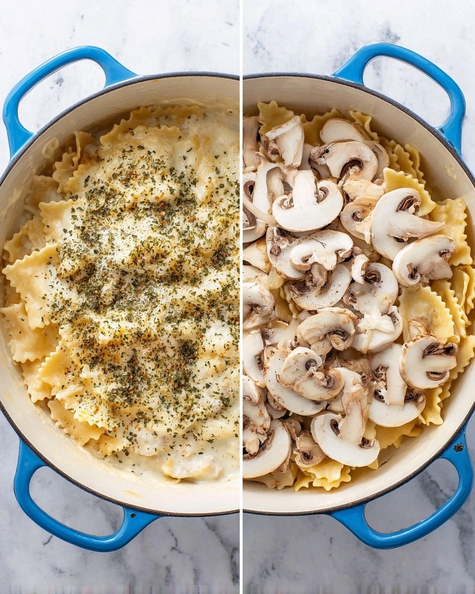 The image shows two sections of a white pot with blue handles on both sides, placed on a white marbled surface. In the left view, there is a layer of creamy white sauce covering a base of large square pasta with ruffled edges, topped with a sprinkle of dried green herbs. In the right view, the same creamy pasta base is visible but now covered with a fresh layer of sliced white mushrooms with light brown gills and stems scattered mainly on the right half of the pot, with some mushrooms overlapping parts of the pasta beneath. photo taken with an iphone --ar 4:5 --v 7