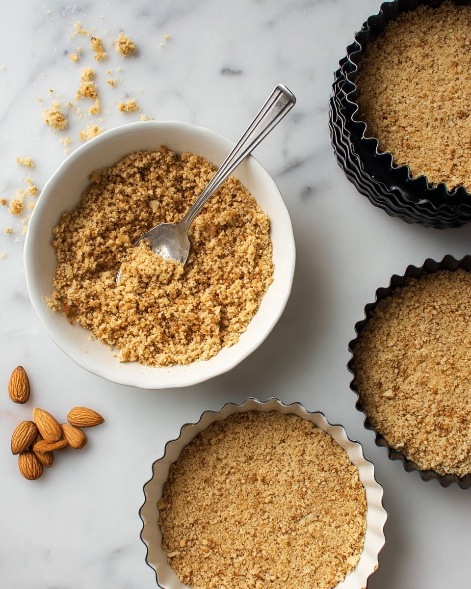 The image shows a white bowl filled with a crumbly, coarse light brown mixture, possibly a nut or oat base, with a spoon inside the bowl resting on the mixture. Below the bowl, there are two white tart pans filled with the same crumbly mixture pressed down evenly to form crusts with slightly rough texture and scalloped edges. To the right, there are two empty black tart pans stacked together. Scattered around the tart pans are a few whole almonds and some almond pieces. This all sits on a white marbled surface. Photo taken with an iphone --ar 4:5 --v 7