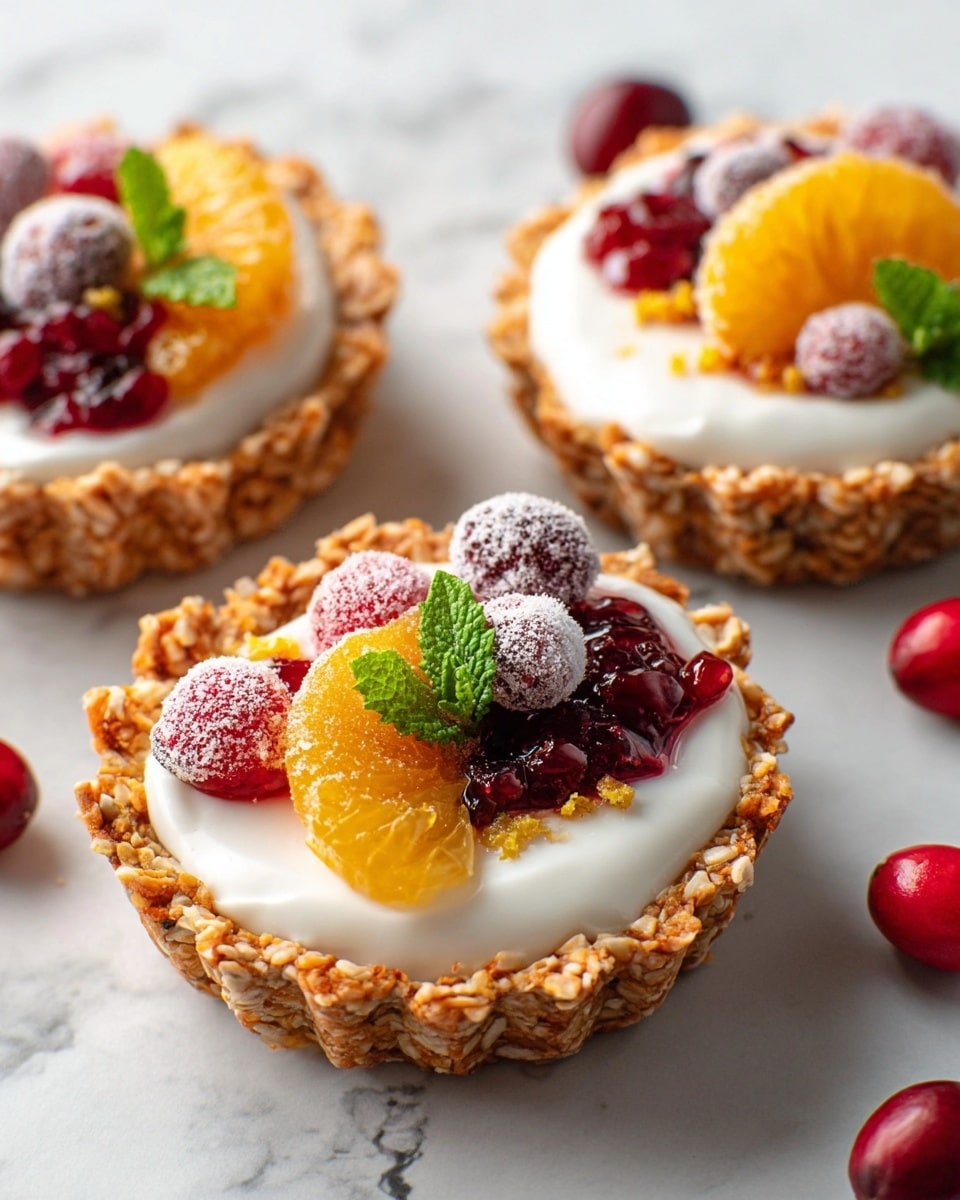 The image shows three small tartlets with a rough-textured golden-brown crust as the base layer, each filled with smooth white cream. On top of the cream, each tartlet is decorated with a mix of red cranberries, some sugared for a frosty look, bright orange slices, and dark red berry compote with small bits of zest sprinkled over them. A few mint leaves add a touch of green near the fruit for contrast. The tartlets are placed on a surface with a white marbled texture, and some whole and sliced cranberries are scattered around for decoration. Photo taken with an iphone --ar 4:5 --v 7