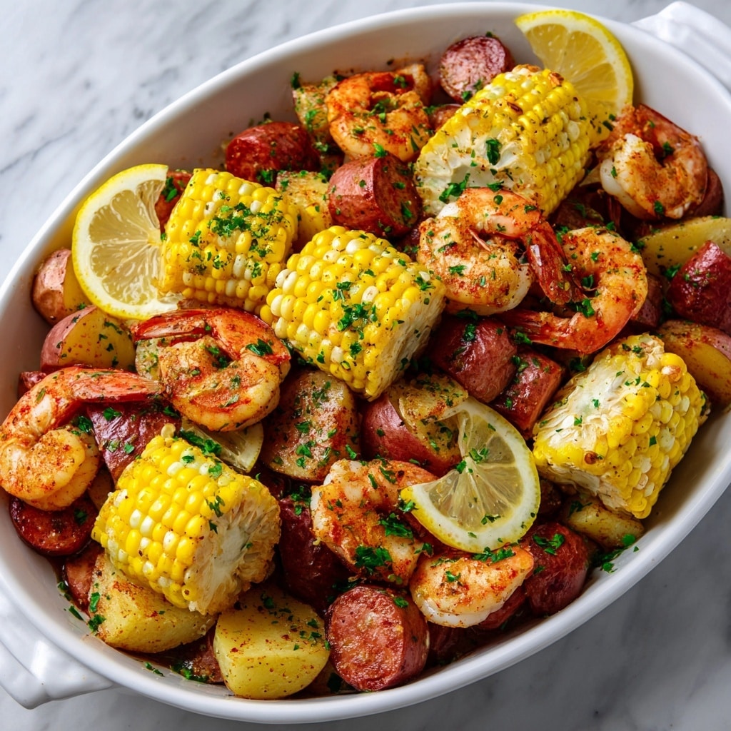 The image shows a white oval dish filled with a colorful seafood boil. The bottom layer has reddish potato pieces and slices of brown sausage scattered around. On top, there are several bright yellow corn on the cob pieces with white kernels, mixed with pink cooked shrimp. There are also lemon wedges placed on top and around the edges, sprinkled with finely chopped green herbs for garnish. The white marbled surface is visible around the dish's edges. photo taken with an iphone --ar 4:5 --v 7